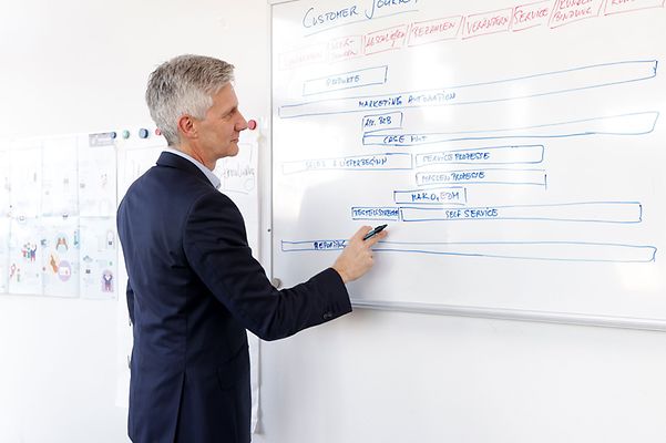 Mann im Anzug zeichnet Zeitplan auf ein Whiteboard